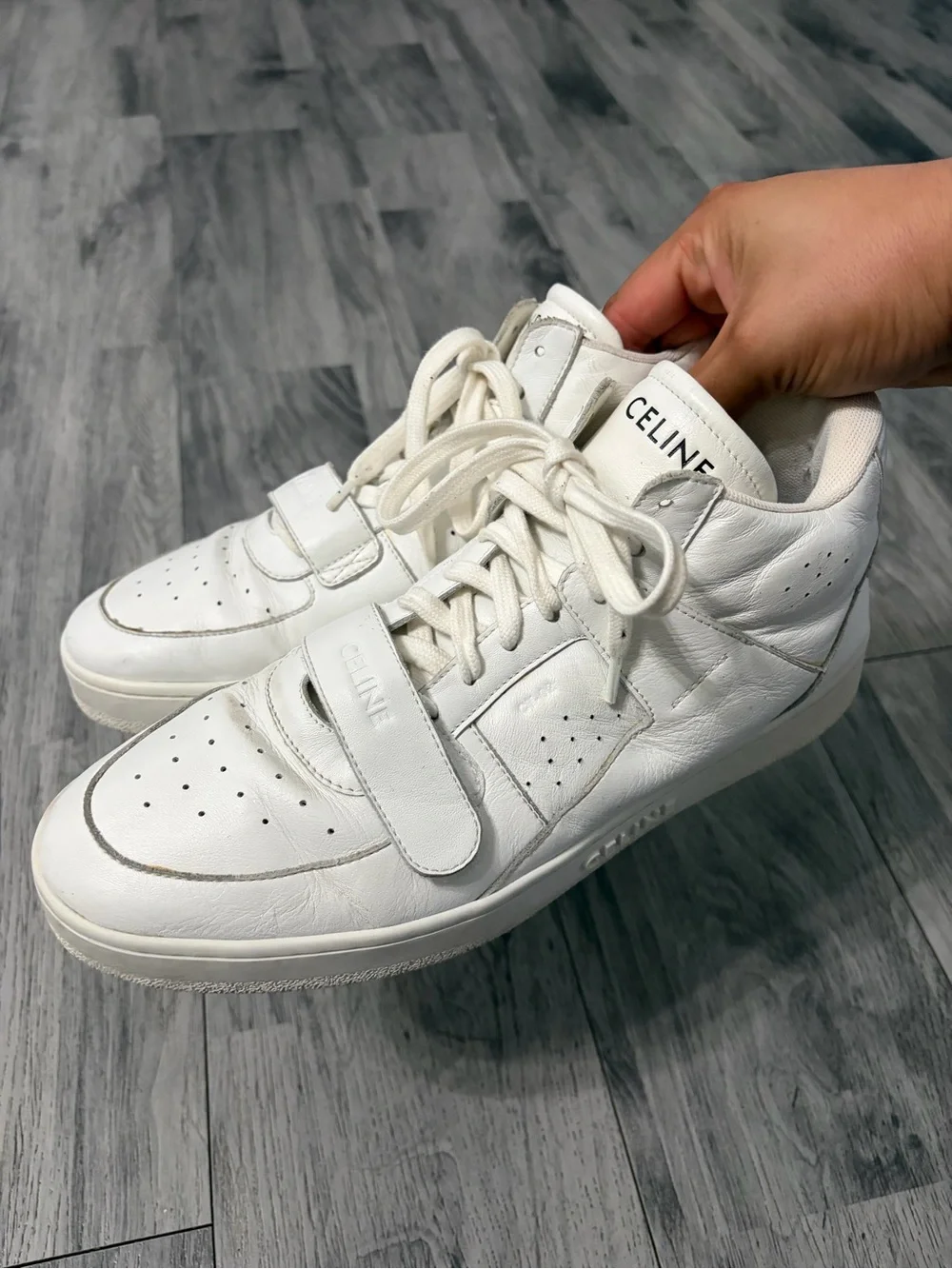 Celine CT-02 Mid Top White Leather Sneakers with Strap
